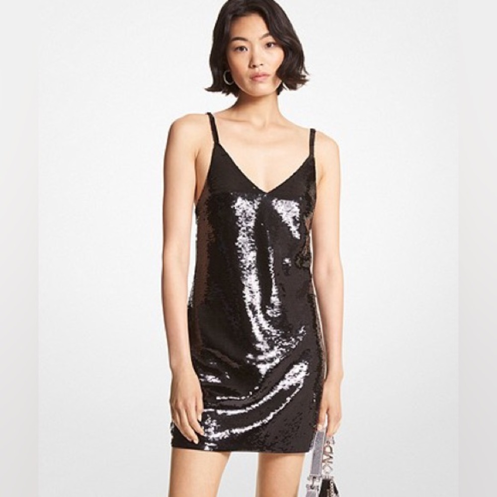 Sequined Mesh Tank Dress in Black